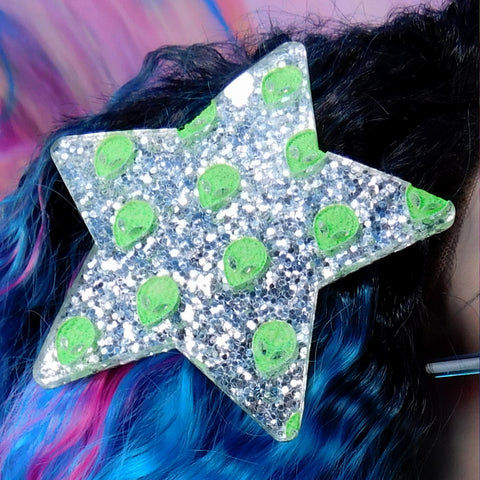 Neon Green and Silver Alien Star Hair Clip