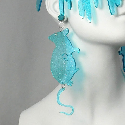 Aqua Transparent Glitter Rat Earrings