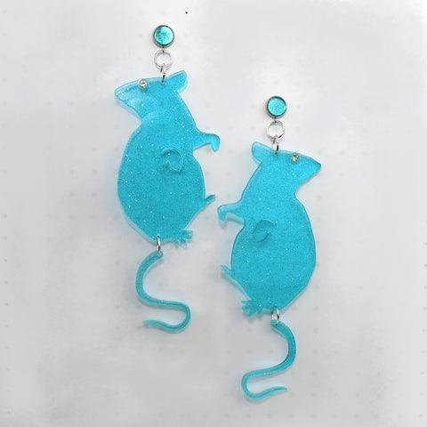 Aqua Transparent Glitter Rat Earrings