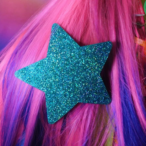 Emerald Green Hologram Glitter Star Hair Clip