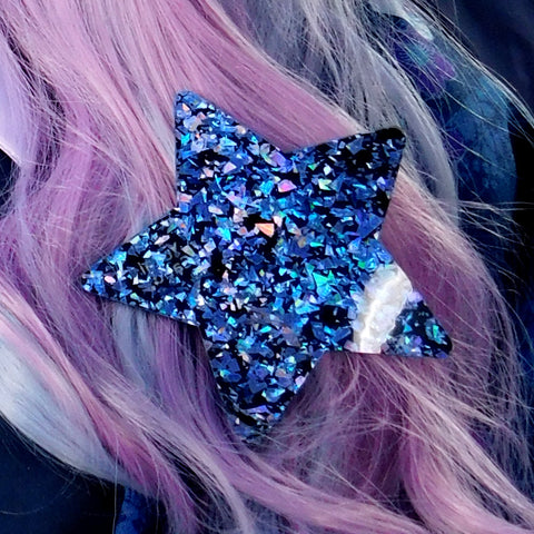 ::SALE::Discontinued:: Blue Opal Hologram Glitter Star Hair Clip