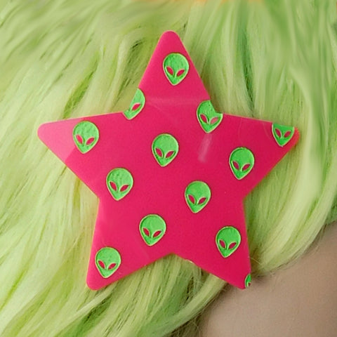 Neon Green and Hot Pink Alien Star Hair Clip
