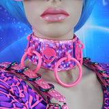 ::Discontinued:: Neon Pink and Blue Hologram Vinyl Three Ring Alien neck wear :: 2-5 weeks ship::
