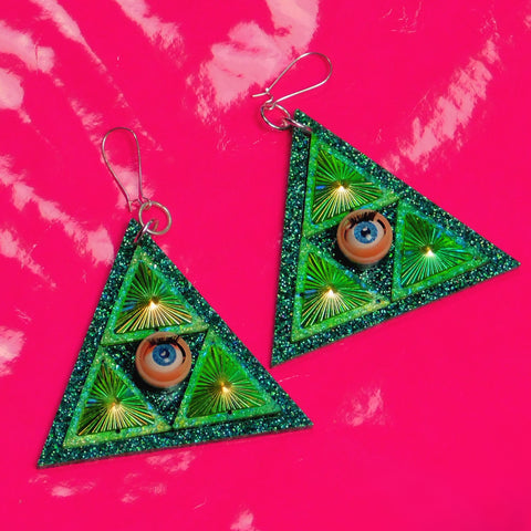 Pyramid Eye Money Green Hologram Glitter Rhinestone Earrings