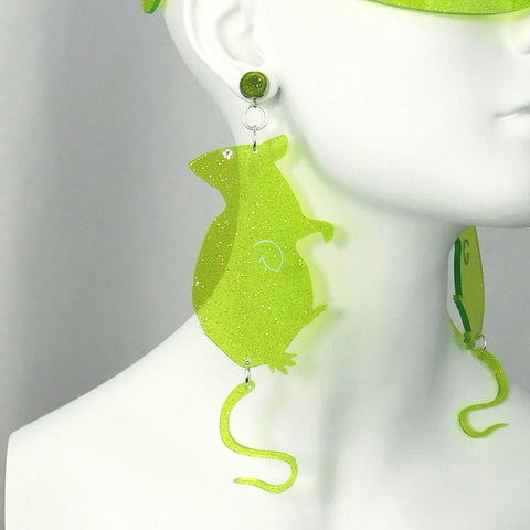 Lime Transparent Glitter Rat Earrings