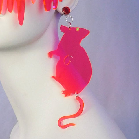 Neon Red Pink Rat Earrings