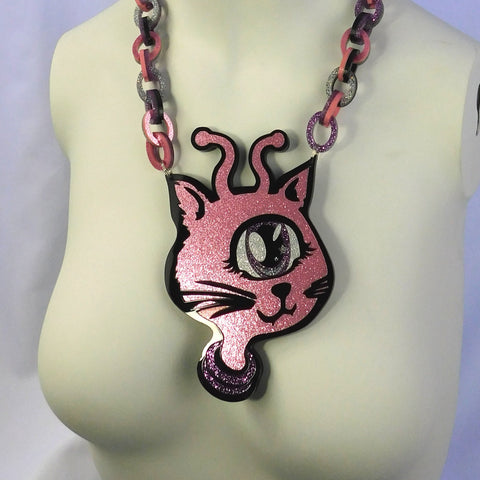 Pink and Mauve Glitter Alien Cat Pendant (1-2 Weeks)