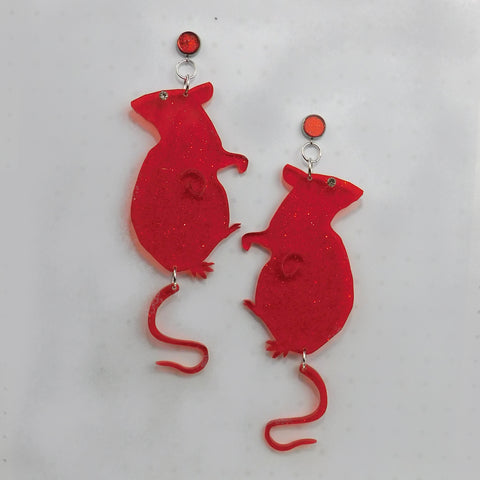 Red Transparent Glitter Rat Earrings