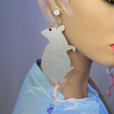White and Pink Glitter Rat Earrings