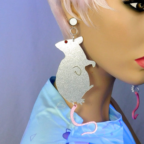 White and Pink Glitter Rat Earrings